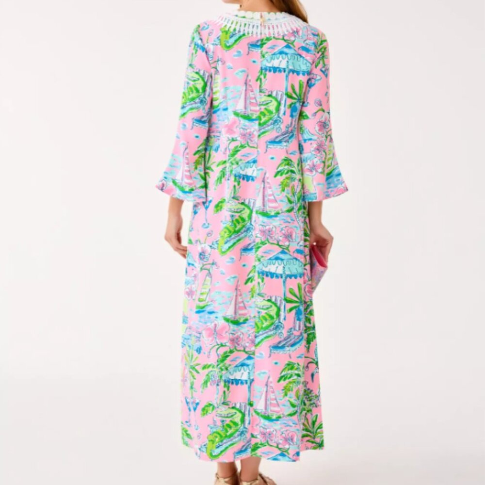 Lilly Pulitzer Ocleppo V-Neck Maxi Caftan Size 10 in Conch Shell Pink Sunny Dee - Picture 6 of 11